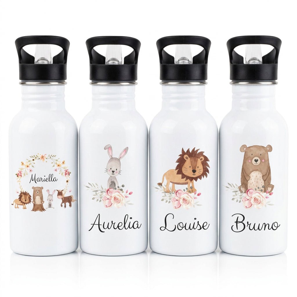 Kinder Trinkflasche weiß mit Trinkhalm personalisiert - Blumen Tier Aquarell - wunderwunsch