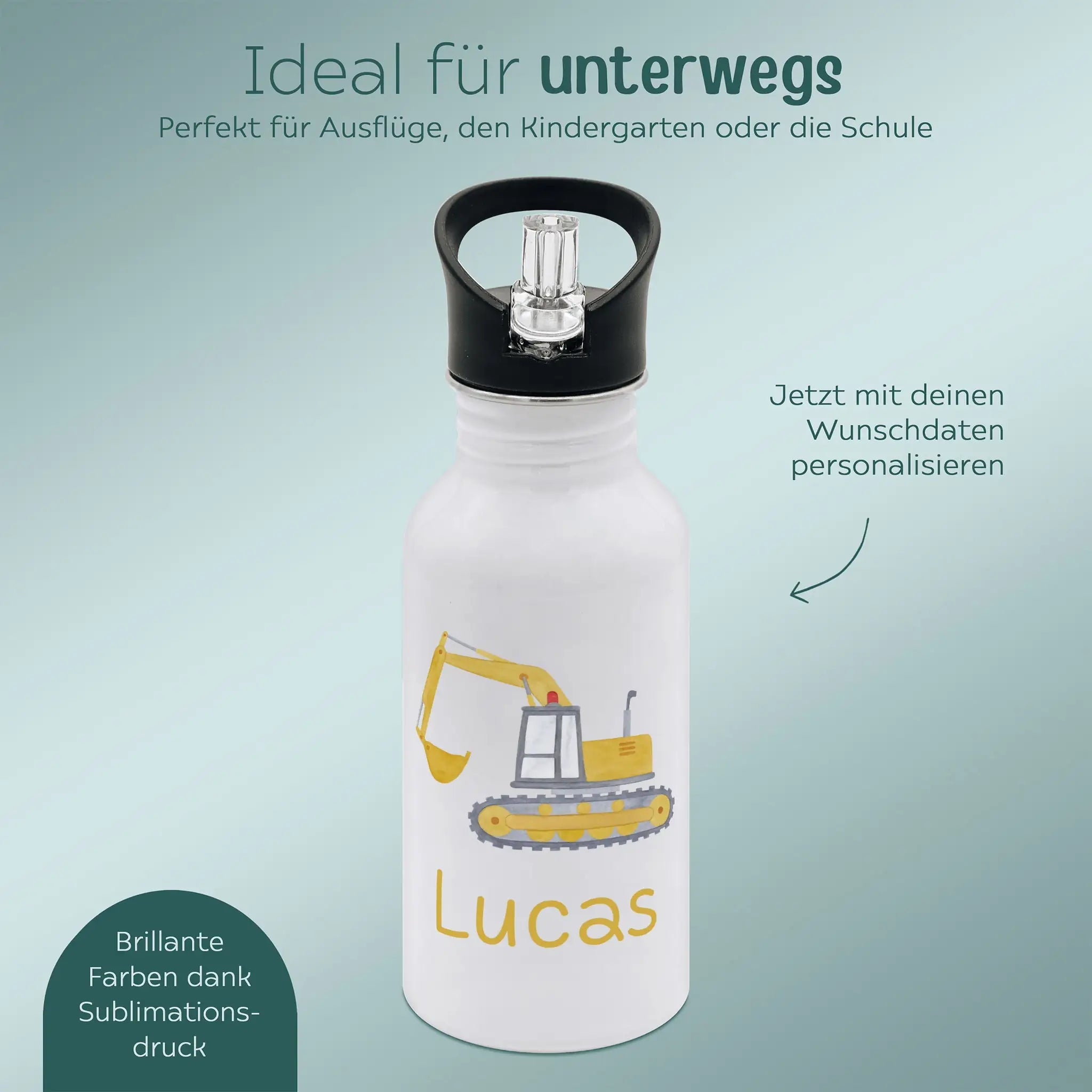Kinder Trinkflasche weiß mit Trinkhalm personalisiert - Fahrzeug Aquarell - wunderwunsch