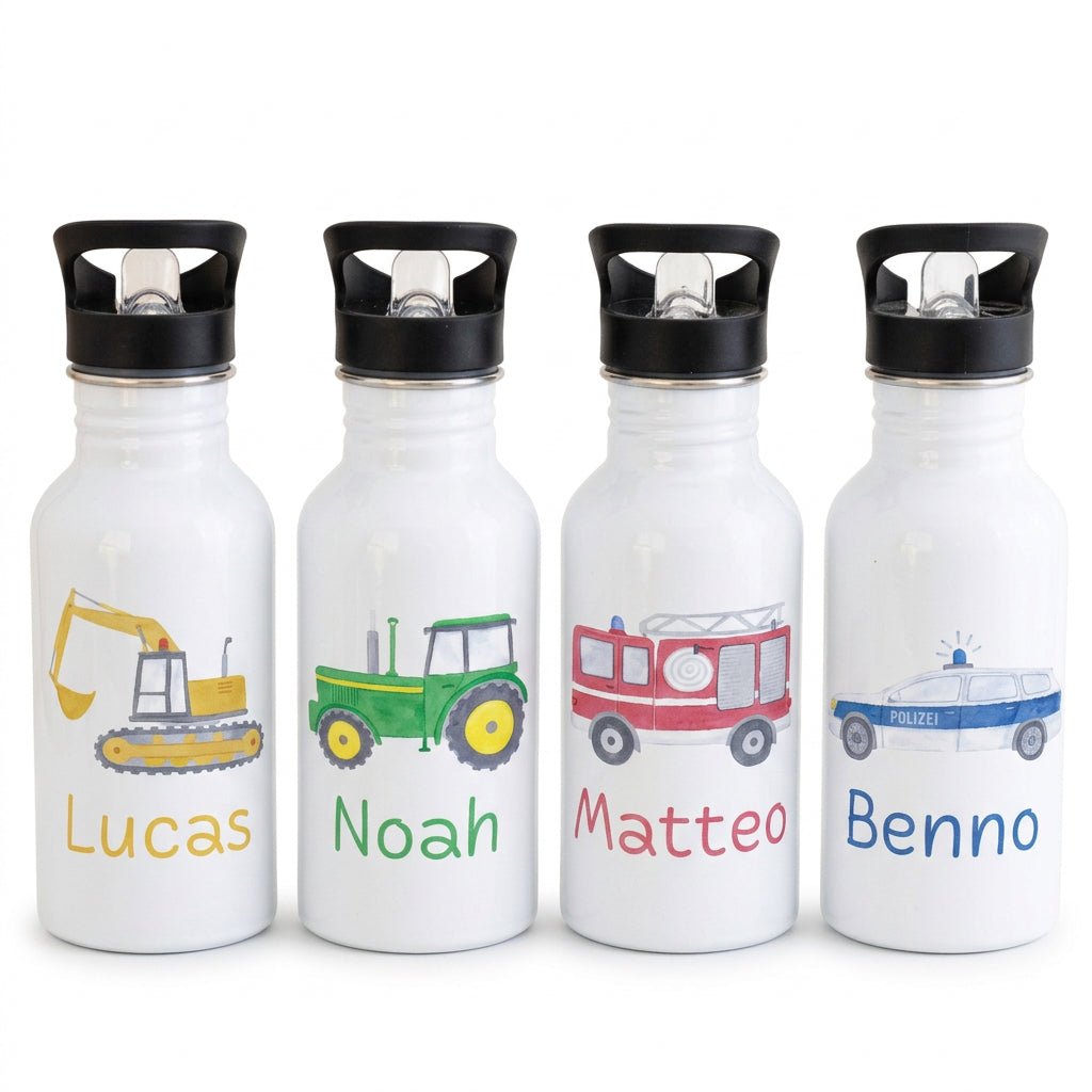Kinder Trinkflasche weiß mit Trinkhalm personalisiert - Fahrzeug Aquarell - wunderwunsch