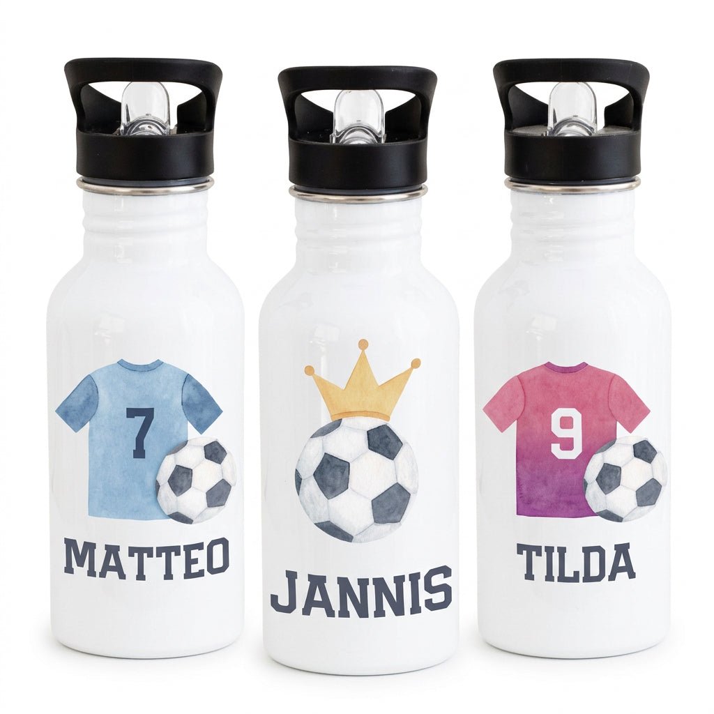 Kinder Trinkflasche weiß mit Trinkhalm personalisiert - Fußball Trikot Aquarell - wunderwunsch