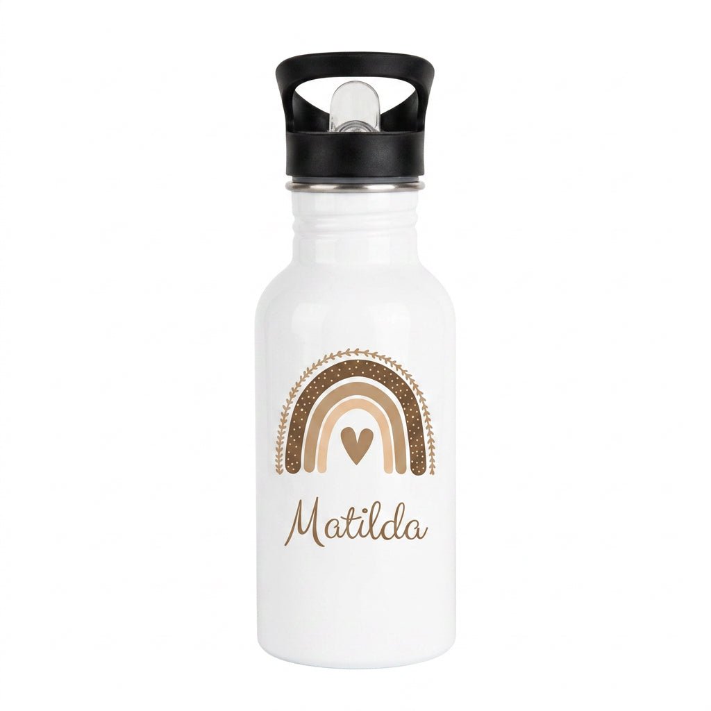 Kinder Trinkflasche weiß mit Trinkhalm personalisiert - Regenbogen Boho beige Aquarell - wunderwunsch