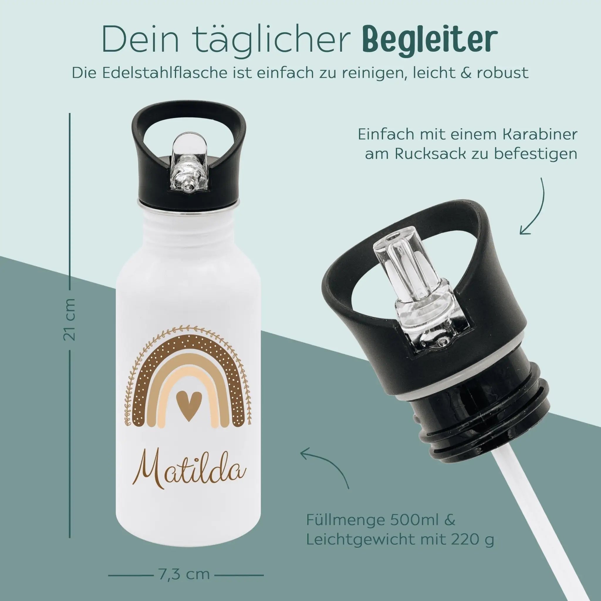 Kinder Trinkflasche weiß mit Trinkhalm personalisiert - Regenbogen Boho beige Aquarell - wunderwunsch
