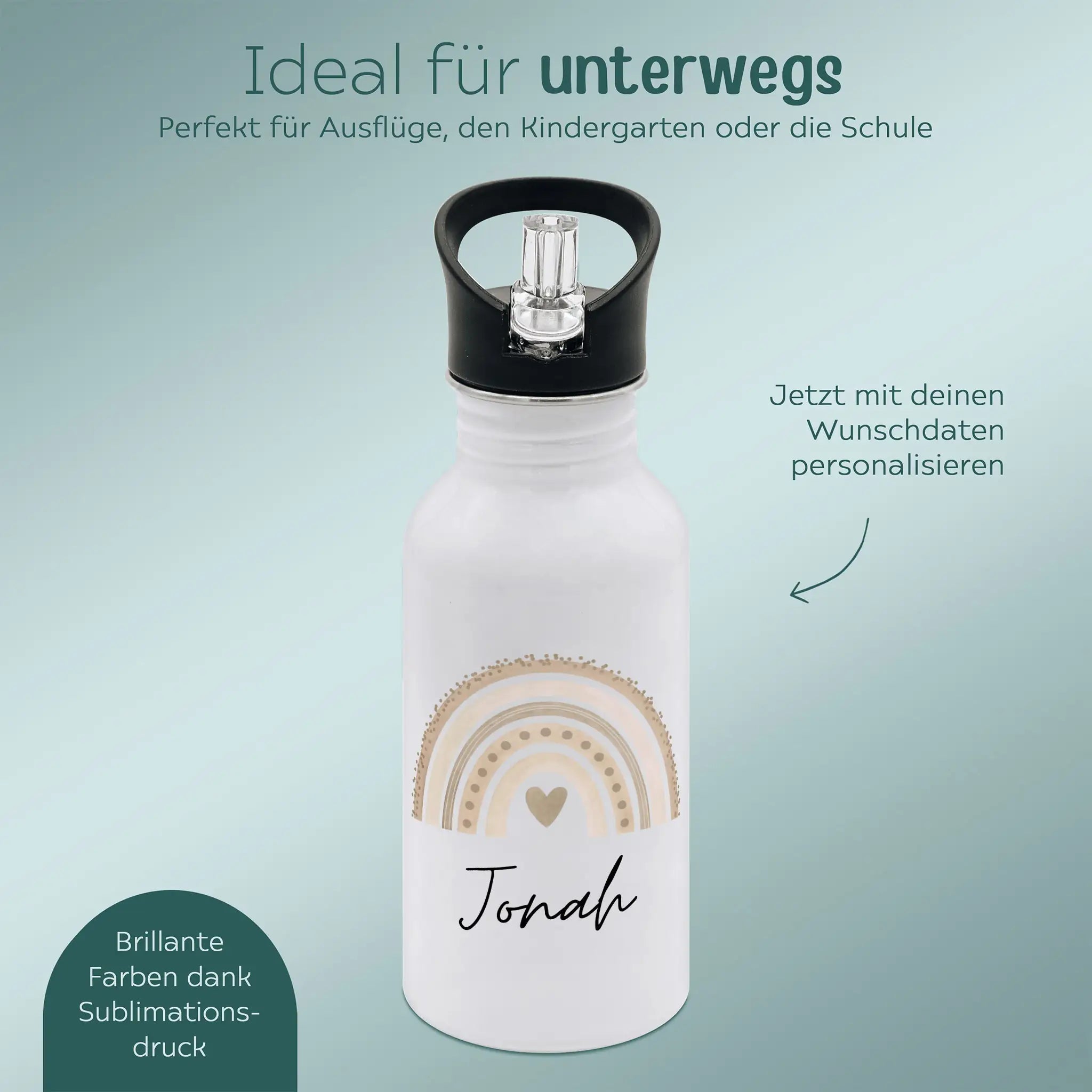 Kinder Trinkflasche weiß mit Trinkhalm personalisiert - Regenbogen Punkte Aquarell - wunderwunsch