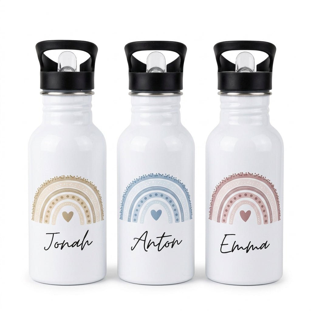 Kinder Trinkflasche weiß mit Trinkhalm personalisiert - Regenbogen Punkte Aquarell - wunderwunsch