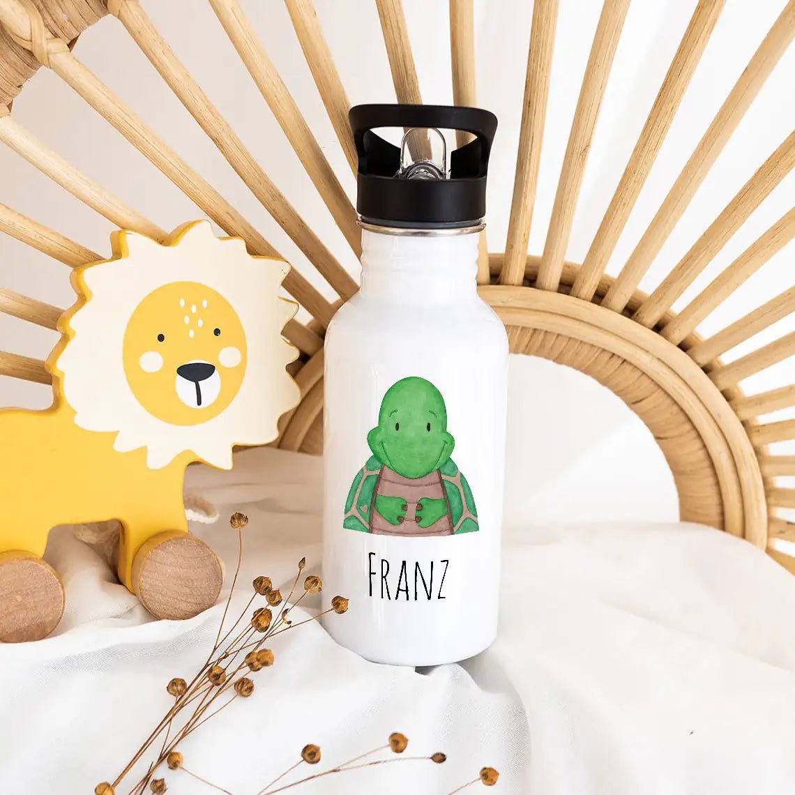 Kinder Trinkflasche weiß mit Trinkhalm personalisiert - Tier Aquarell - wunderwunsch