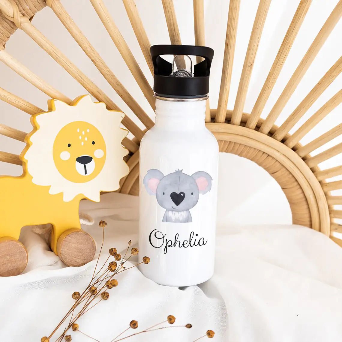 Kinder Trinkflasche weiß mit Trinkhalm personalisiert - Tier Aquarell - wunderwunsch