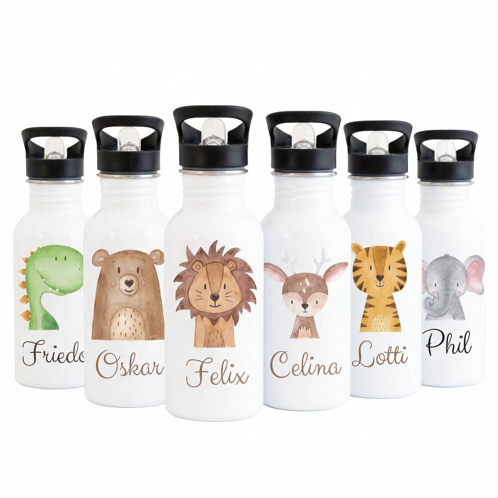 Kinder Trinkflasche weiß mit Trinkhalm personalisiert - Tier Aquarell - wunderwunsch