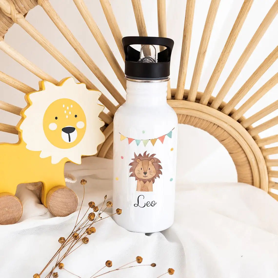 Kinder Trinkflasche weiß mit Trinkhalm personalisiert - Tier Girlande Aquarell - wunderwunsch