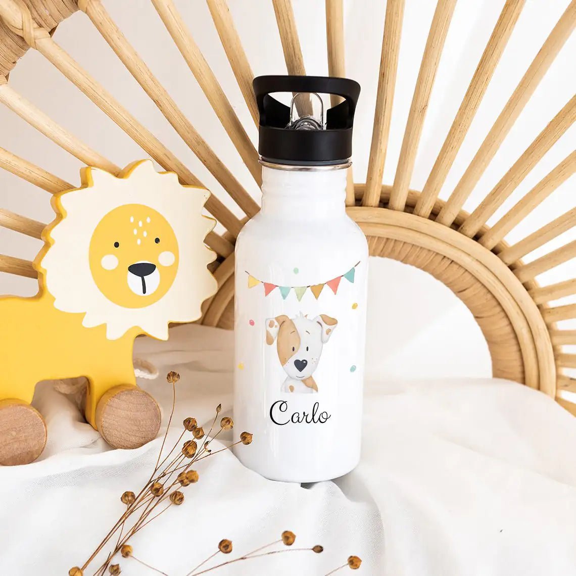 Kinder Trinkflasche weiß mit Trinkhalm personalisiert - Tier Girlande Aquarell - wunderwunsch