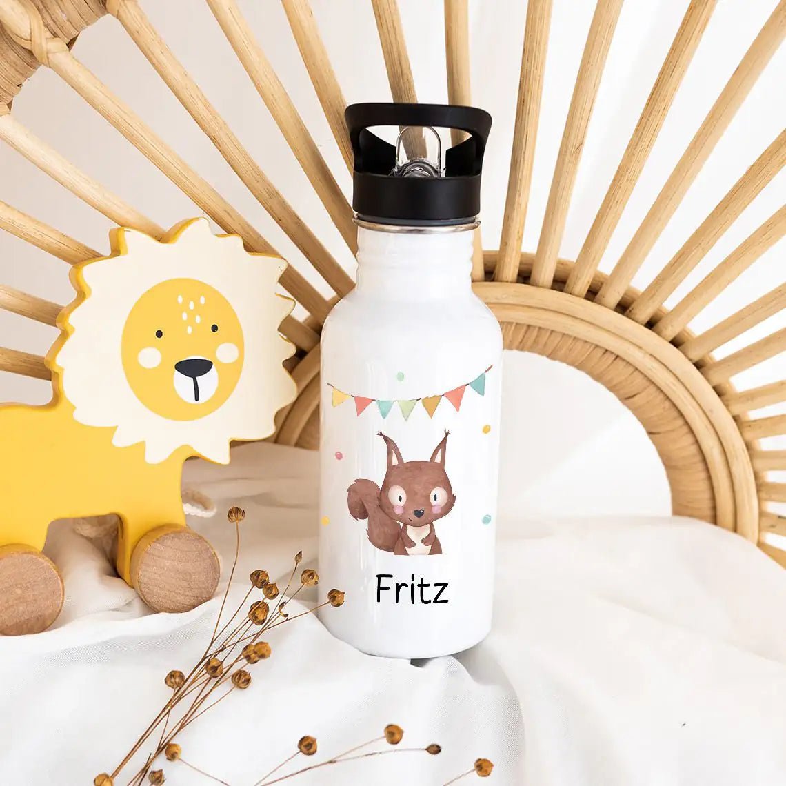 Kinder Trinkflasche weiß mit Trinkhalm personalisiert - Tier Girlande Aquarell - wunderwunsch