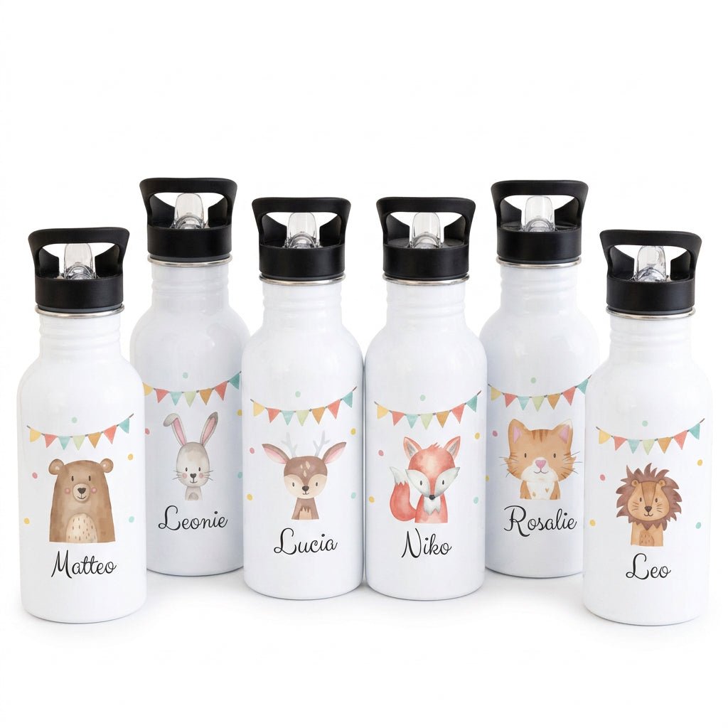 Kinder Trinkflasche weiß mit Trinkhalm personalisiert - Tier Girlande Aquarell - wunderwunsch