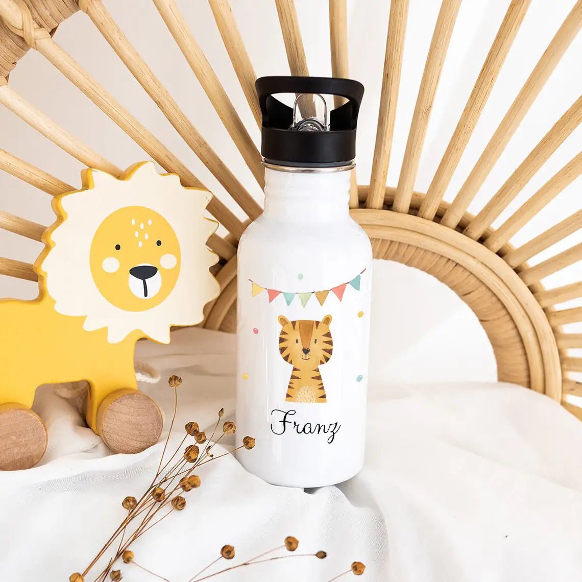 Kinder Trinkflasche weiß mit Trinkhalm personalisiert - Tier Girlande Aquarell - wunderwunsch