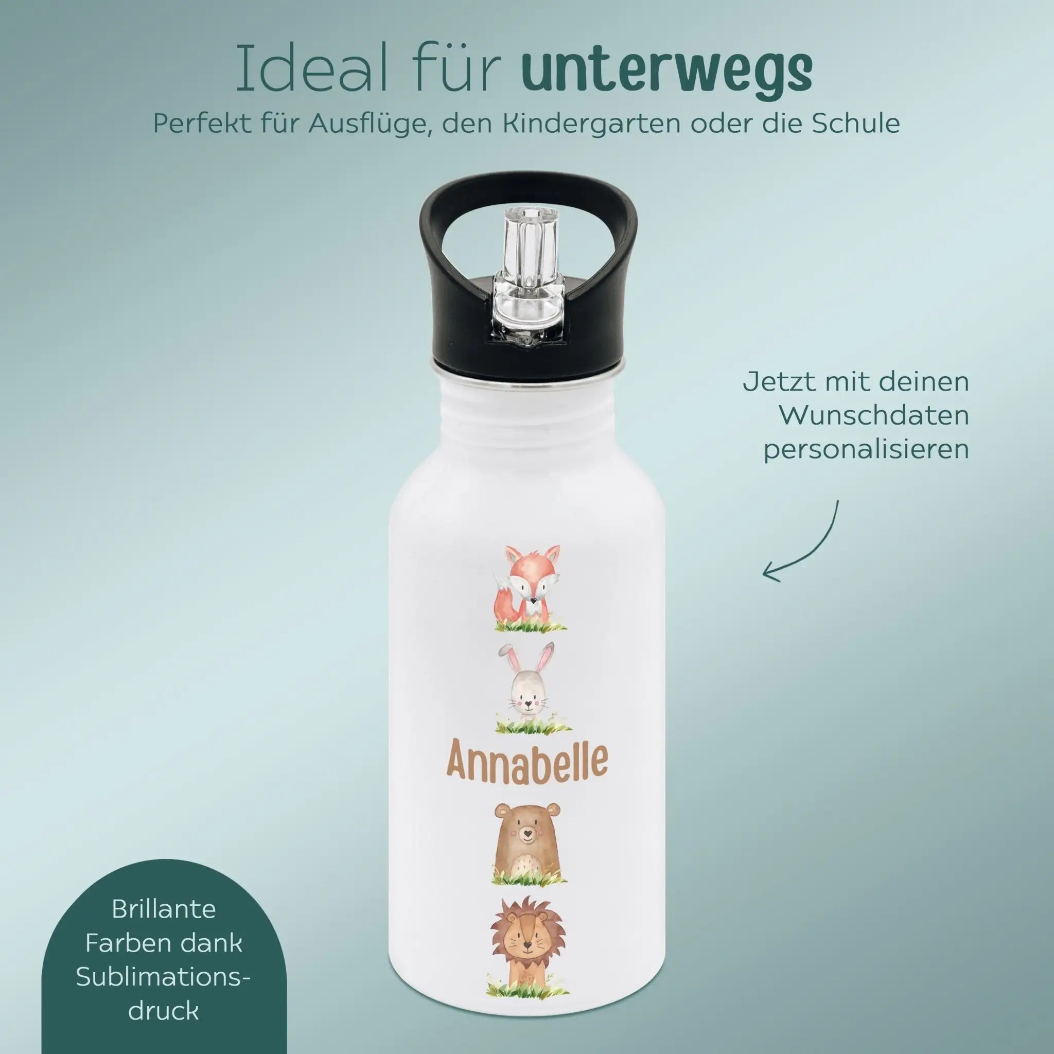 Kinder Trinkflasche weiß mit Trinkhalm personalisiert - Waldtiere untereinander Aquarell - wunderwunsch