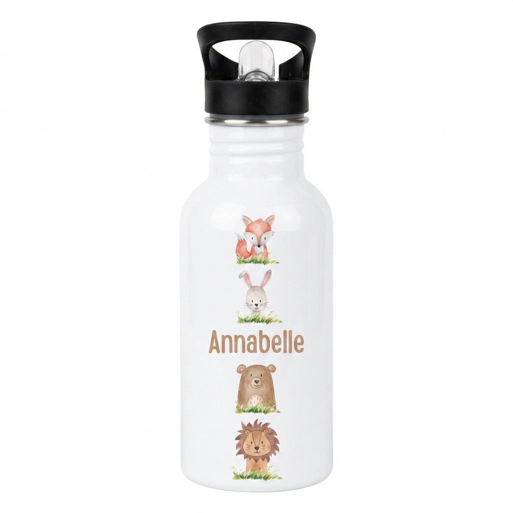 Kinder Trinkflasche weiß mit Trinkhalm personalisiert - Waldtiere untereinander Aquarell - wunderwunsch