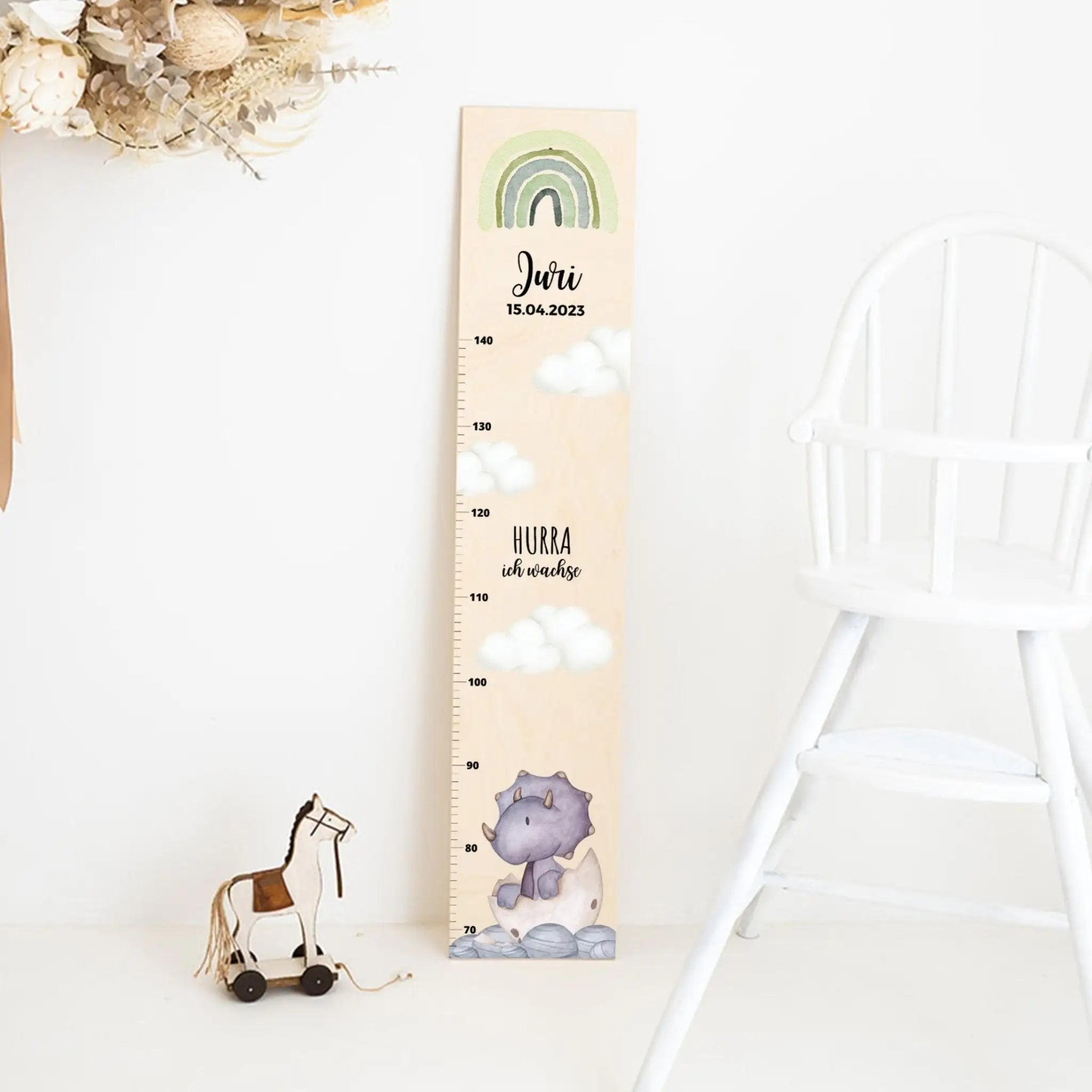 Kindermesslatte Holz personalisiert - Dinosaurier Aquarell - wunderwunsch