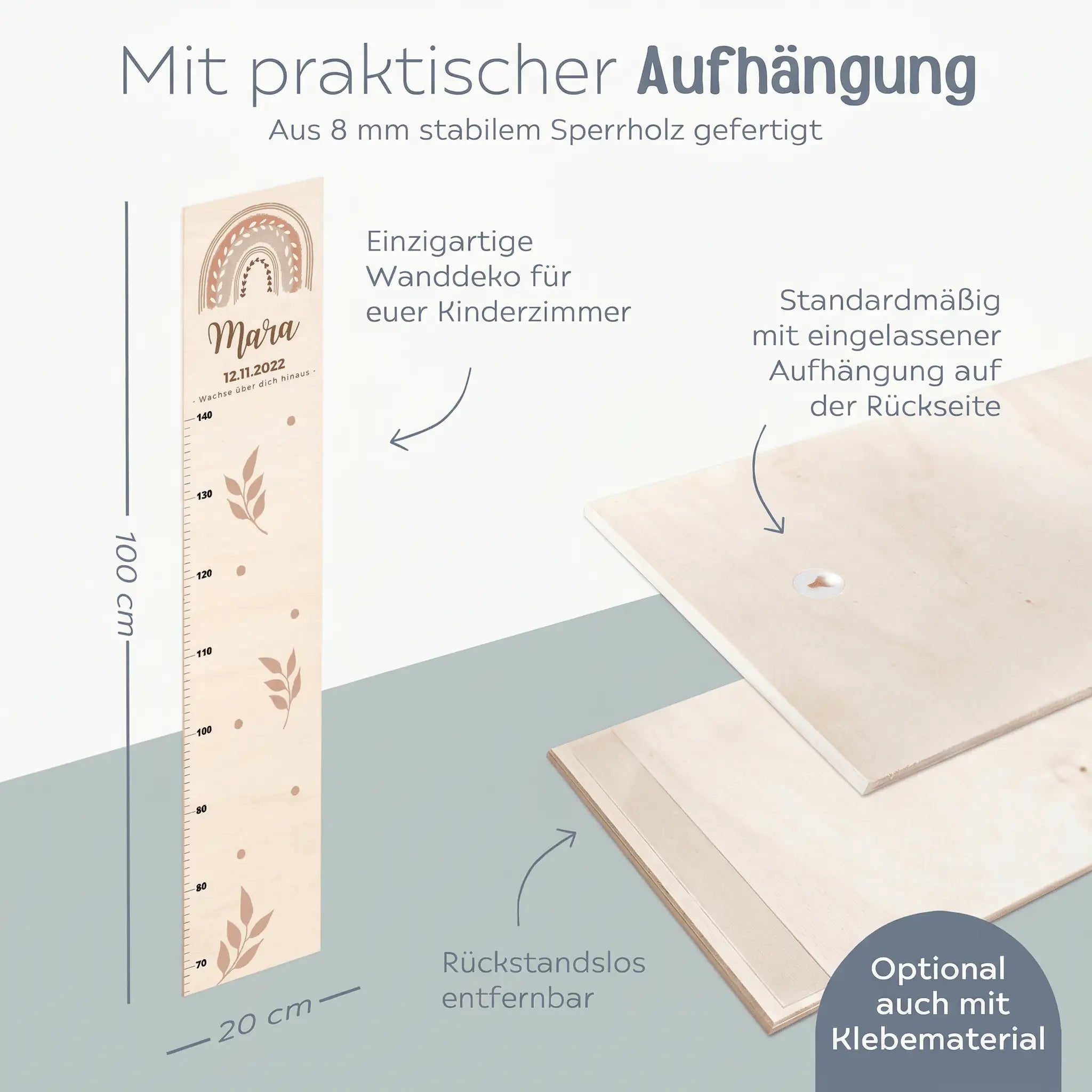 Kindermesslatte Holz personalisiert - Regenbogen Boho pastell Aquarell - wunderwunsch