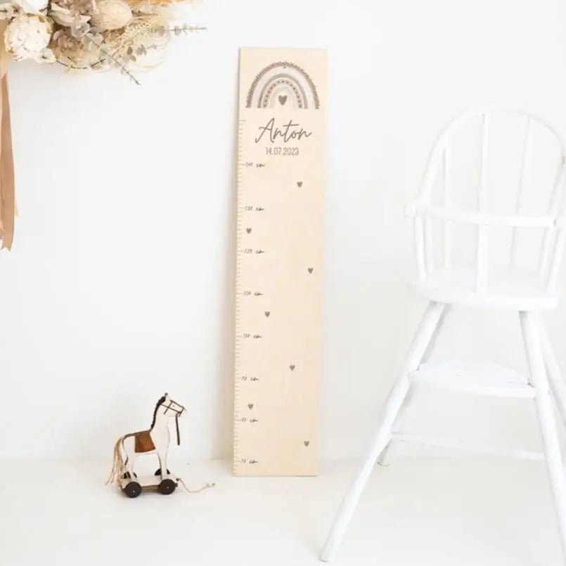 Kindermesslatte Holz personalisiert - Regenbogen Punkte Aquarell - wunderwunsch