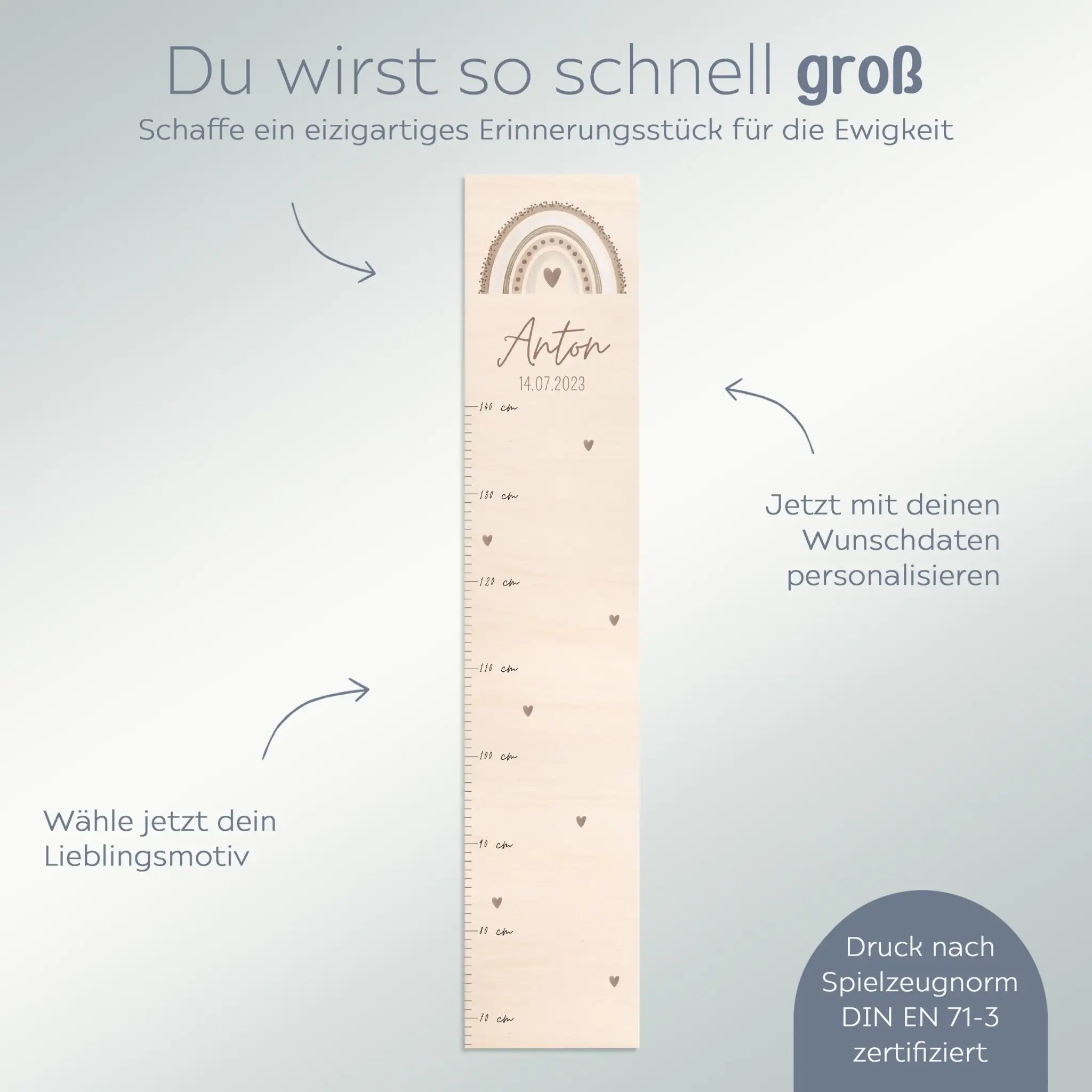 Kindermesslatte Holz personalisiert - Regenbogen Punkte Aquarell - wunderwunsch