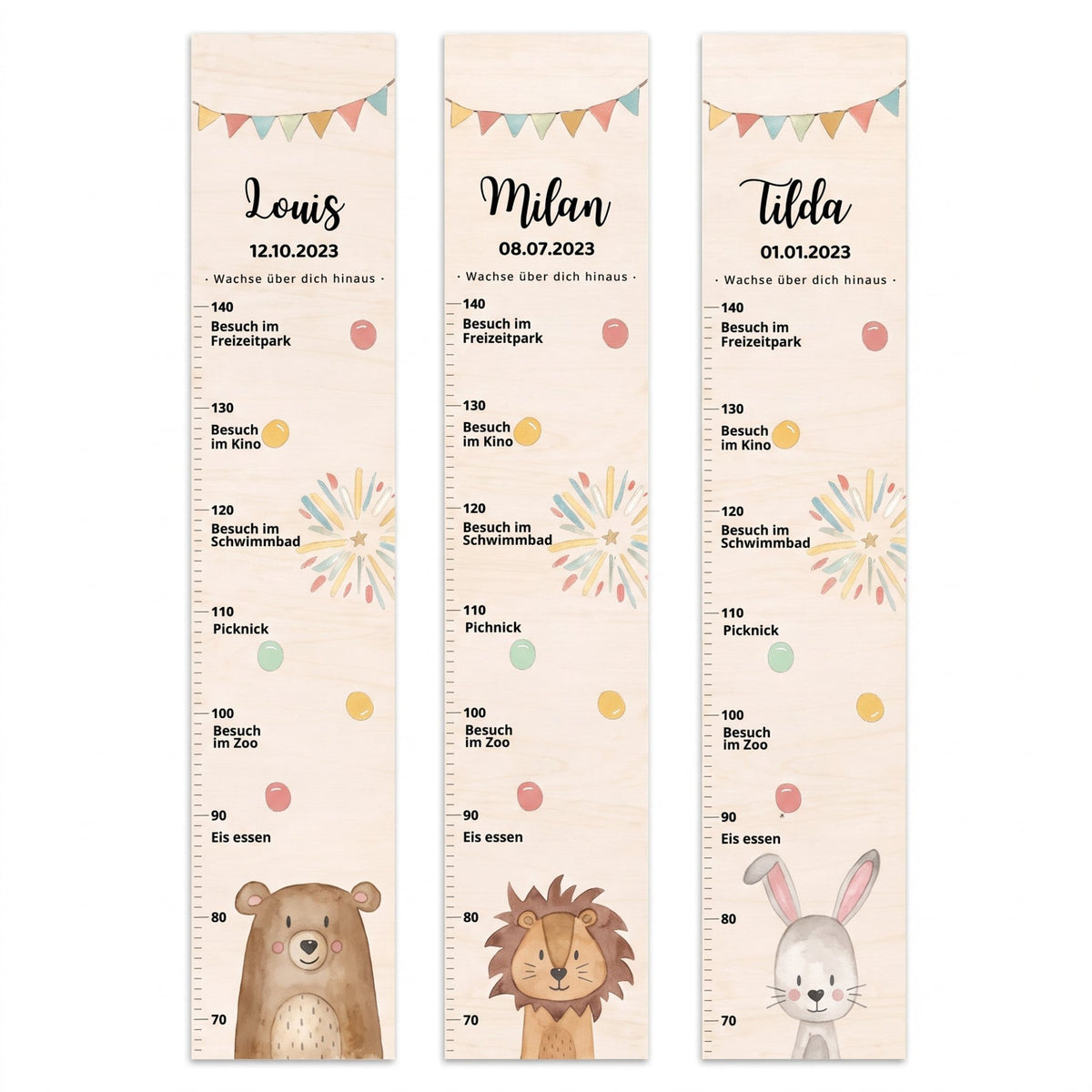 Kindermesslatte Holz personalisiert - Tier "Meilensteine" Aquarell - wunderwunsch