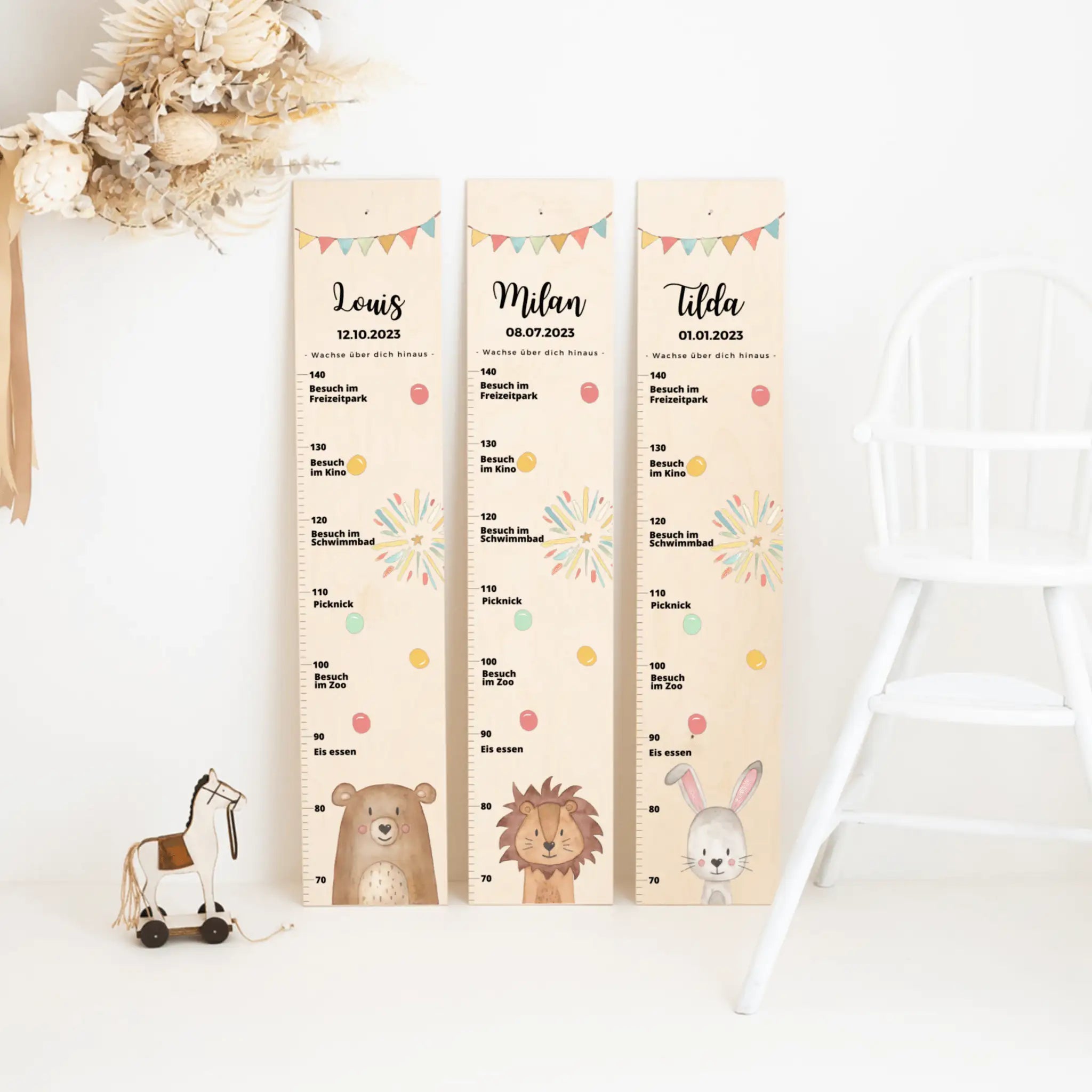 Kindermesslatte Holz personalisiert - Tier "Meilensteine" Aquarell - wunderwunsch