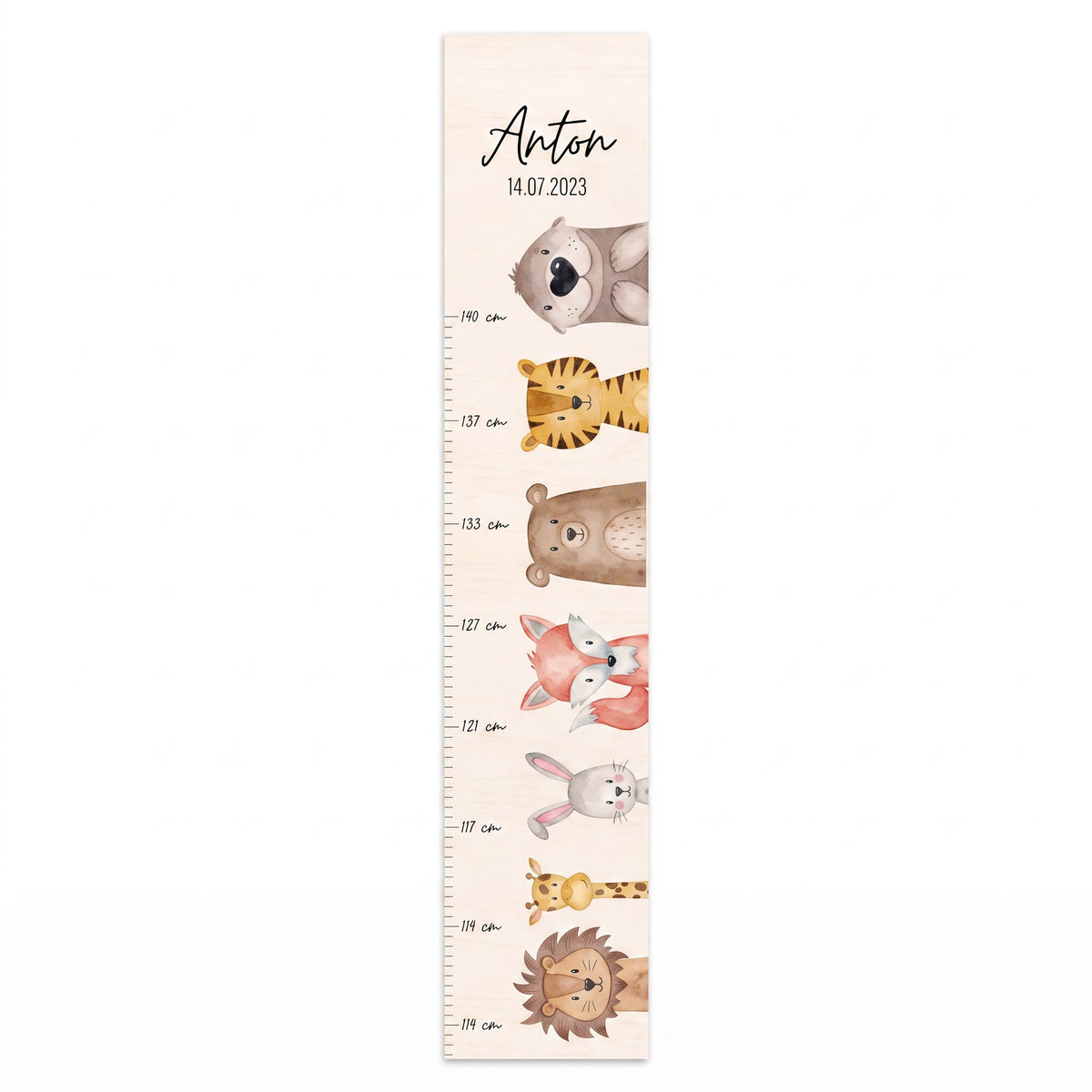 Kindermesslatte Holz personalisiert - Tiere seitlich nebeneinander Aquarell - wunderwunsch