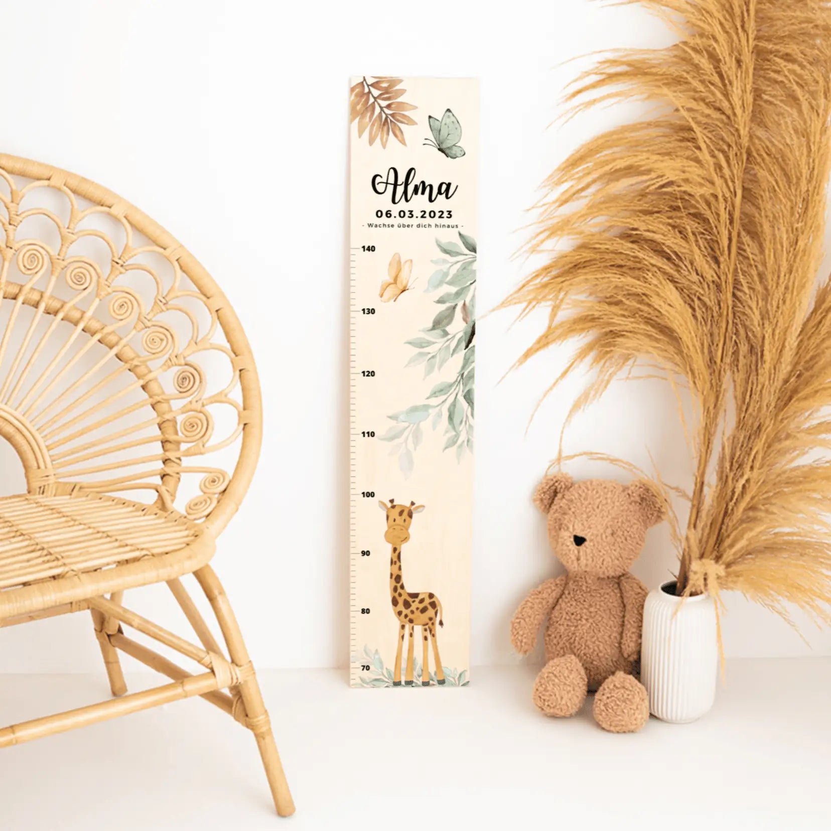 Kindermesslatte Holz personalisiert - Tierischer Gartenzauber Aquarell - wunderwunsch