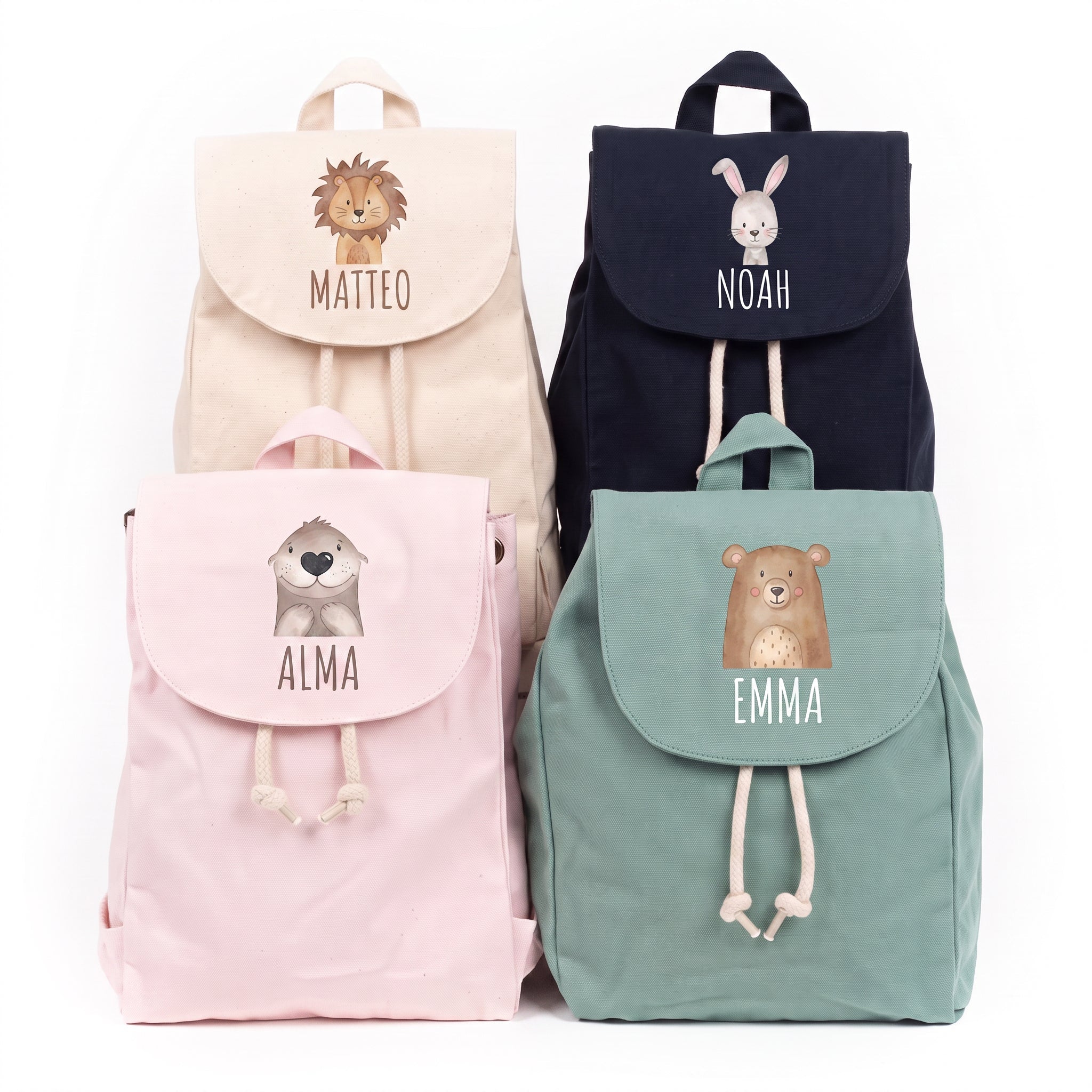 Kinderrucksack "Tier" (gerade Schrift) aus GOTS-zertifizierter Bio-Baumwolle personalisiert - wunderwunsch