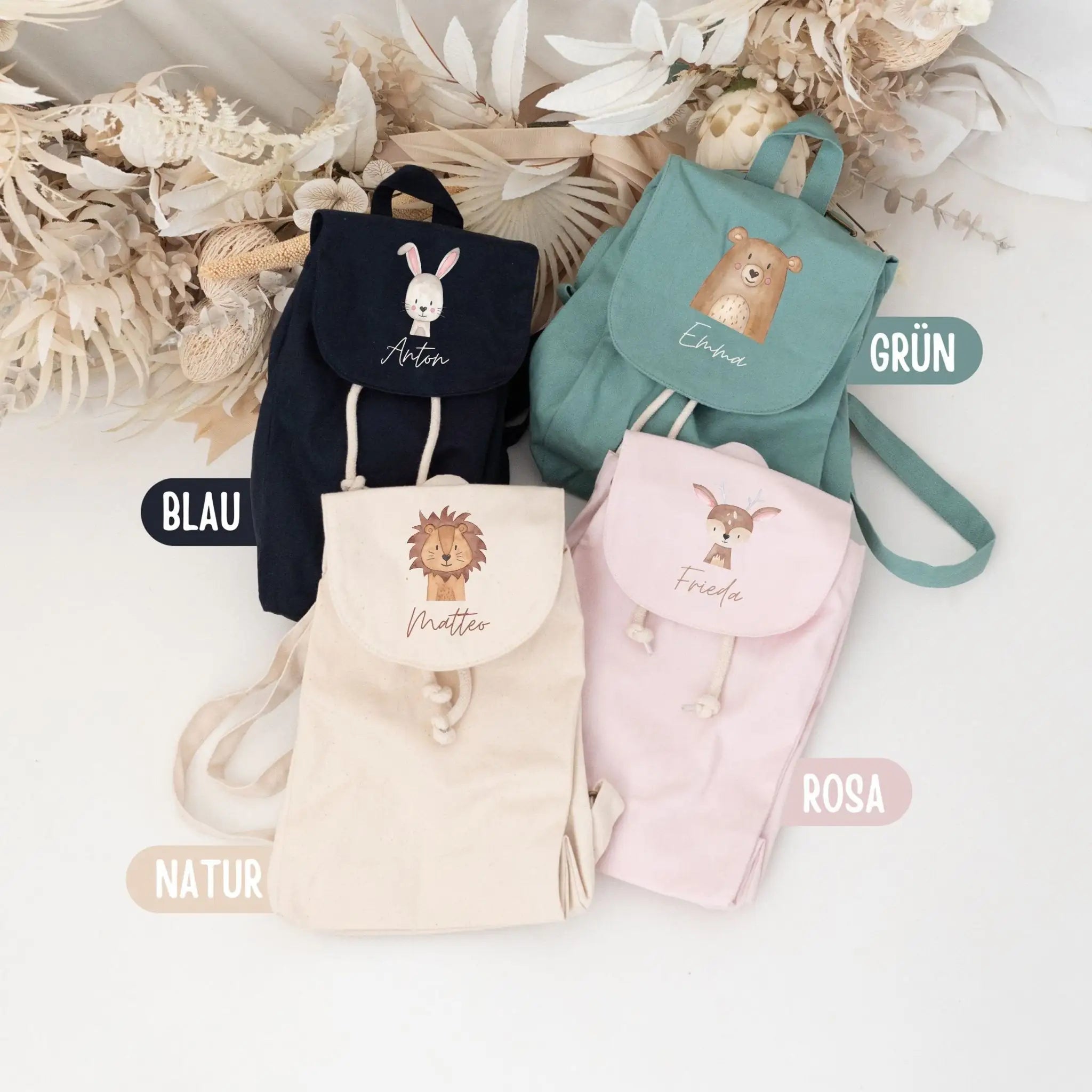 Kinderrucksack "Tier" (geschwungene Schrift) aus GOTS - zertifizierter Bio - Baumwolle personalisiert - wunderwunsch