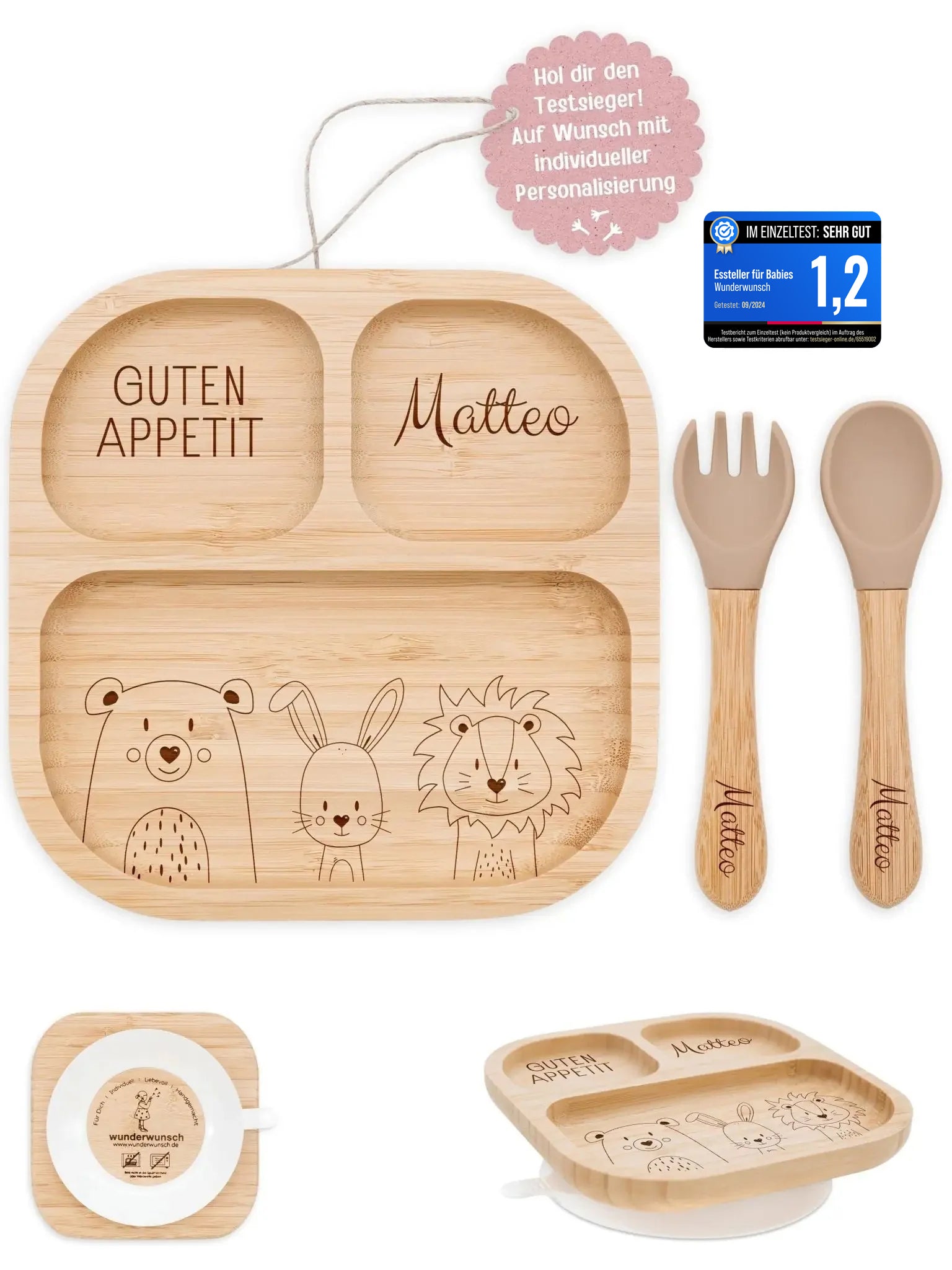 Kinderteller mit Saugnapf + Besteck - Bär, Hase, Löwe Gravur
