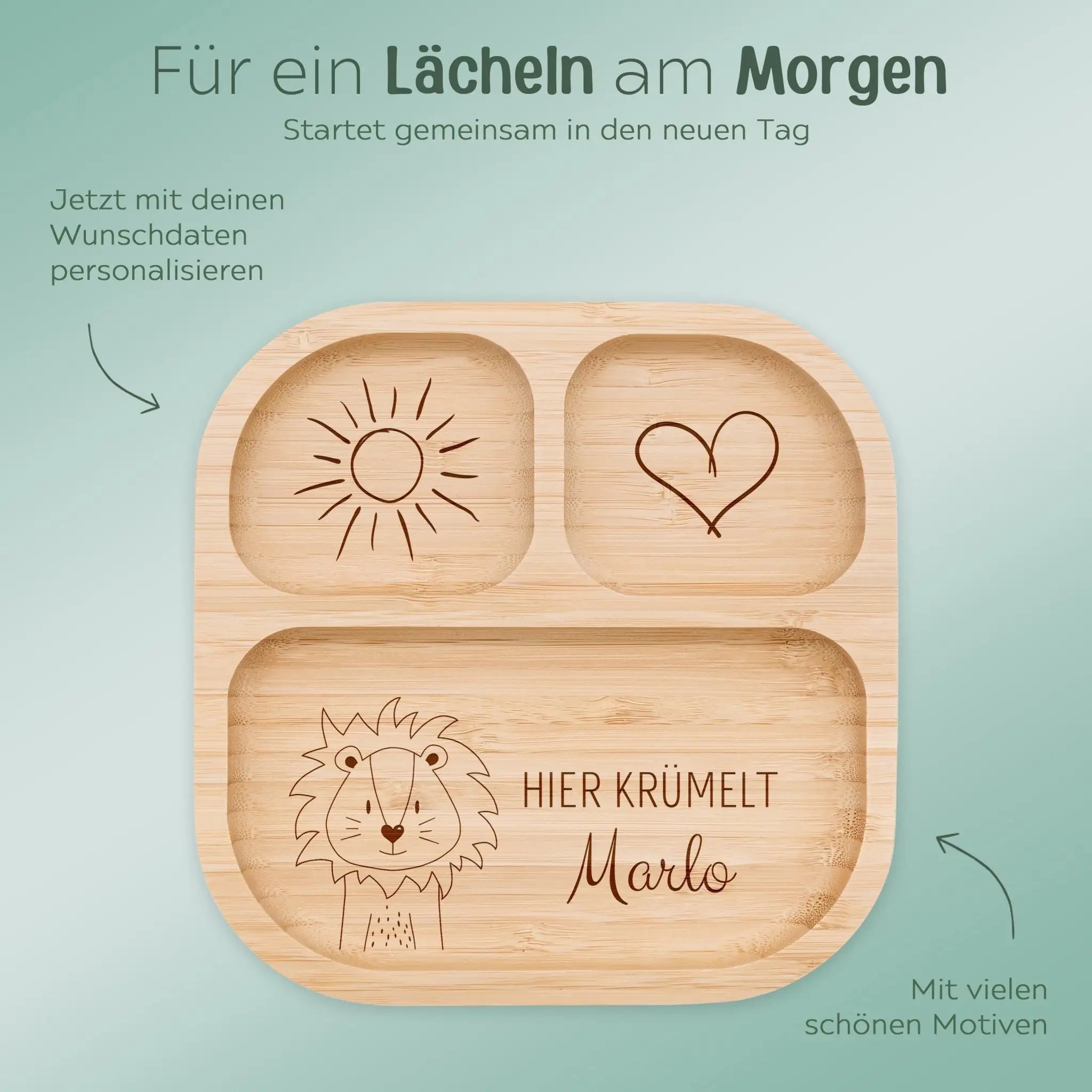 Kinderteller mit Saugnapf + Besteck - Sonnige Tierliebe Gravur - wunderwunsch
