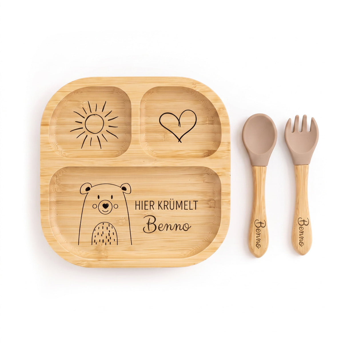 Kinderteller mit Saugnapf + Besteck - Sonnige Tierliebe Gravur - wunderwunsch
