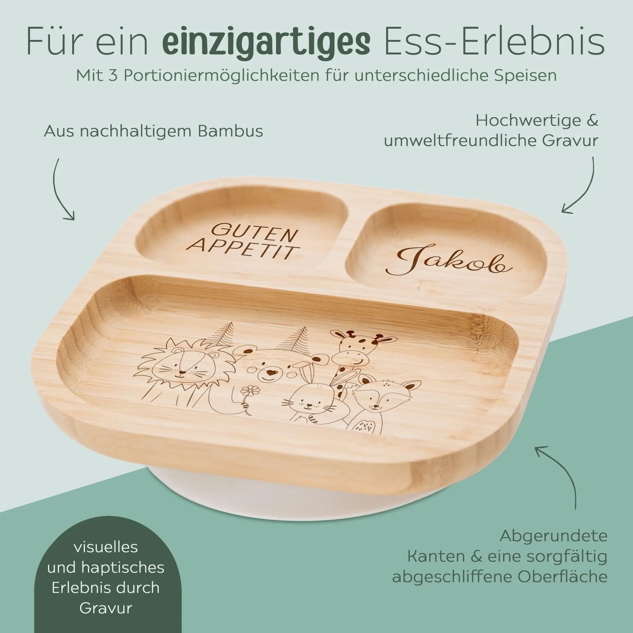 Kinderteller mit Saugnapf - Tierfamilie Blume Gravur - wunderwunsch
