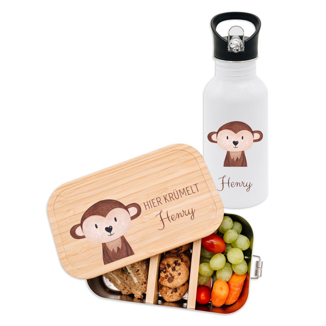 Kita-/ Schul-Start Bundle - Brotdose + Kinder Trinkflasche weiß personalisiert - Tier Aquarell - wunderwunsch