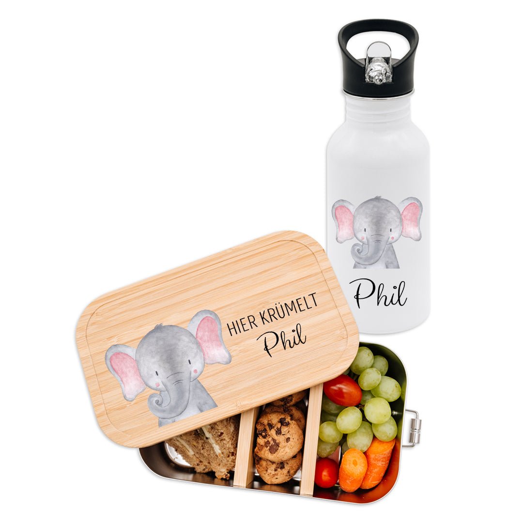 Kita-/ Schul-Start Bundle - Brotdose + Kinder Trinkflasche weiß personalisiert - Tier Aquarell - wunderwunsch