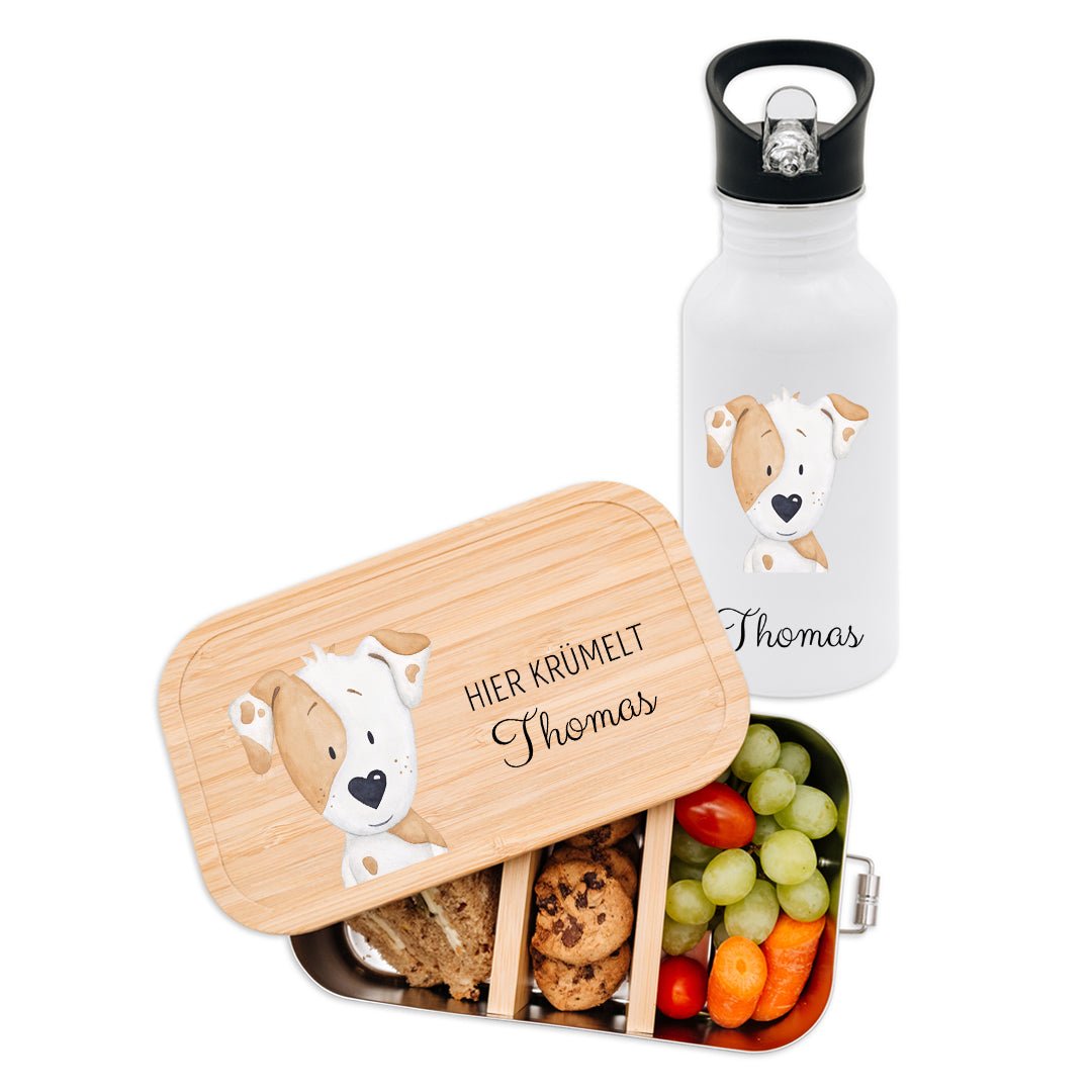 Kita-/ Schul-Start Bundle - Brotdose + Kinder Trinkflasche weiß personalisiert - Tier Aquarell - wunderwunsch