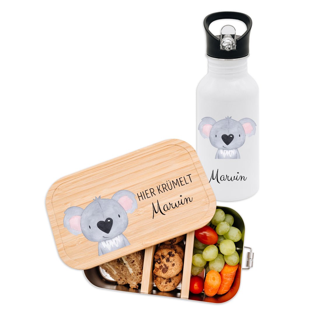 Kita-/ Schul-Start Bundle - Brotdose + Kinder Trinkflasche weiß personalisiert - Tier Aquarell - wunderwunsch