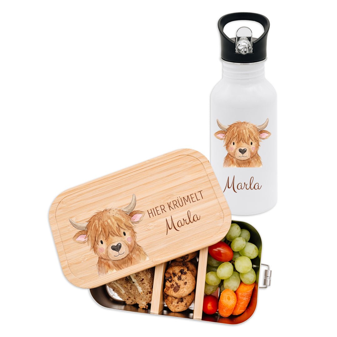 Kita-/ Schul-Start Bundle - Brotdose + Kinder Trinkflasche weiß personalisiert - Tier Aquarell - wunderwunsch