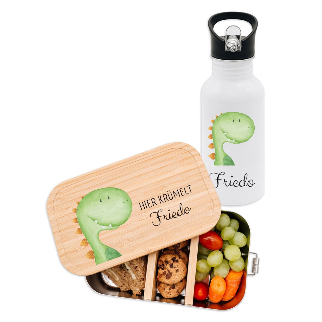 Kita-/ Schul-Start Bundle - Brotdose + Kinder Trinkflasche weiß personalisiert - Tier Aquarell - wunderwunsch