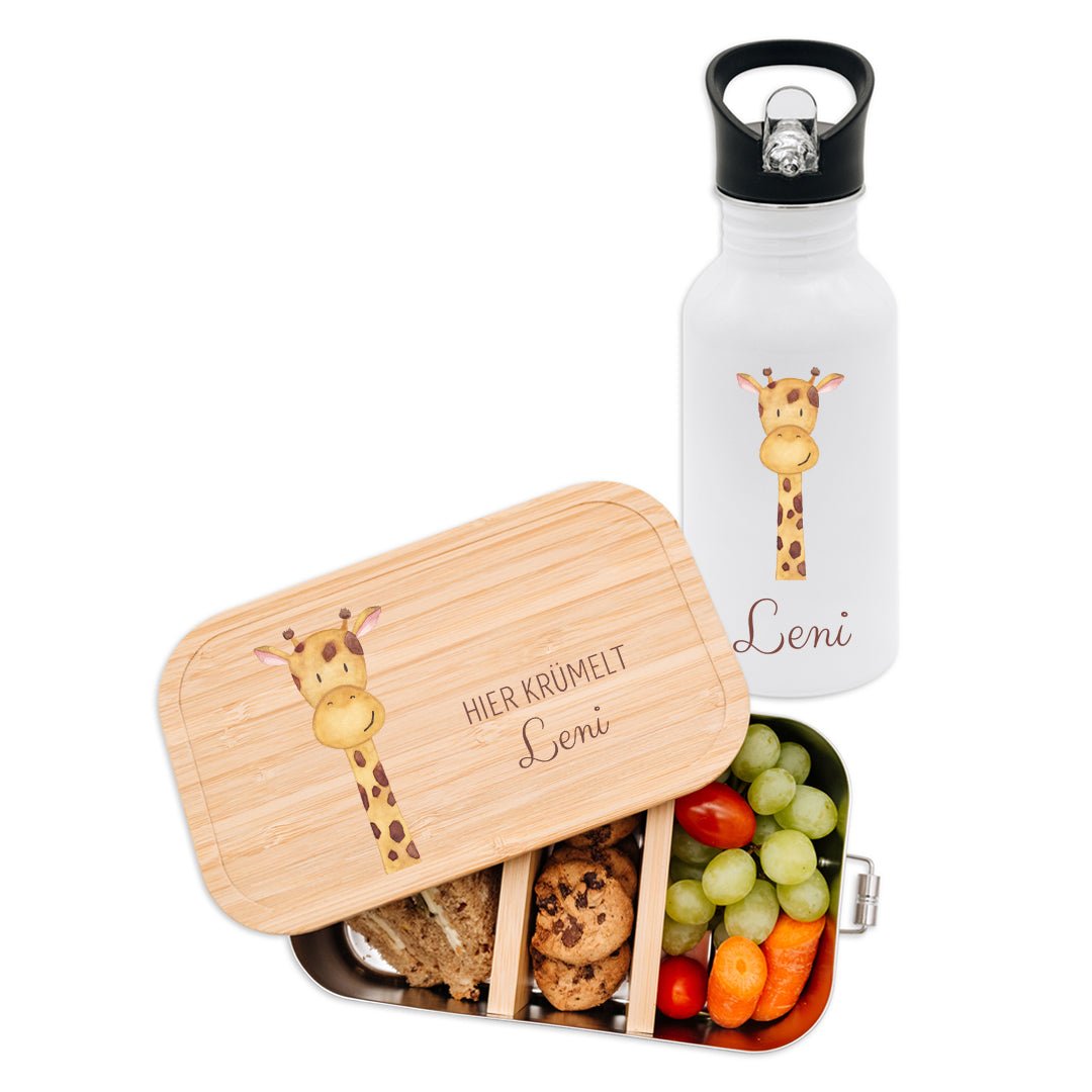Kita-/ Schul-Start Bundle - Brotdose + Kinder Trinkflasche weiß personalisiert - Tier Aquarell - wunderwunsch