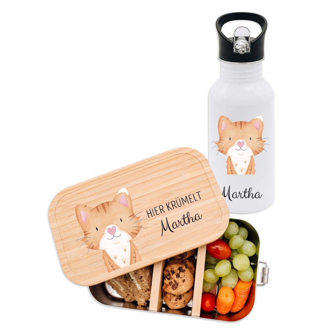 Kita-/ Schul-Start Bundle - Brotdose + Kinder Trinkflasche weiß personalisiert - Tier Aquarell - wunderwunsch