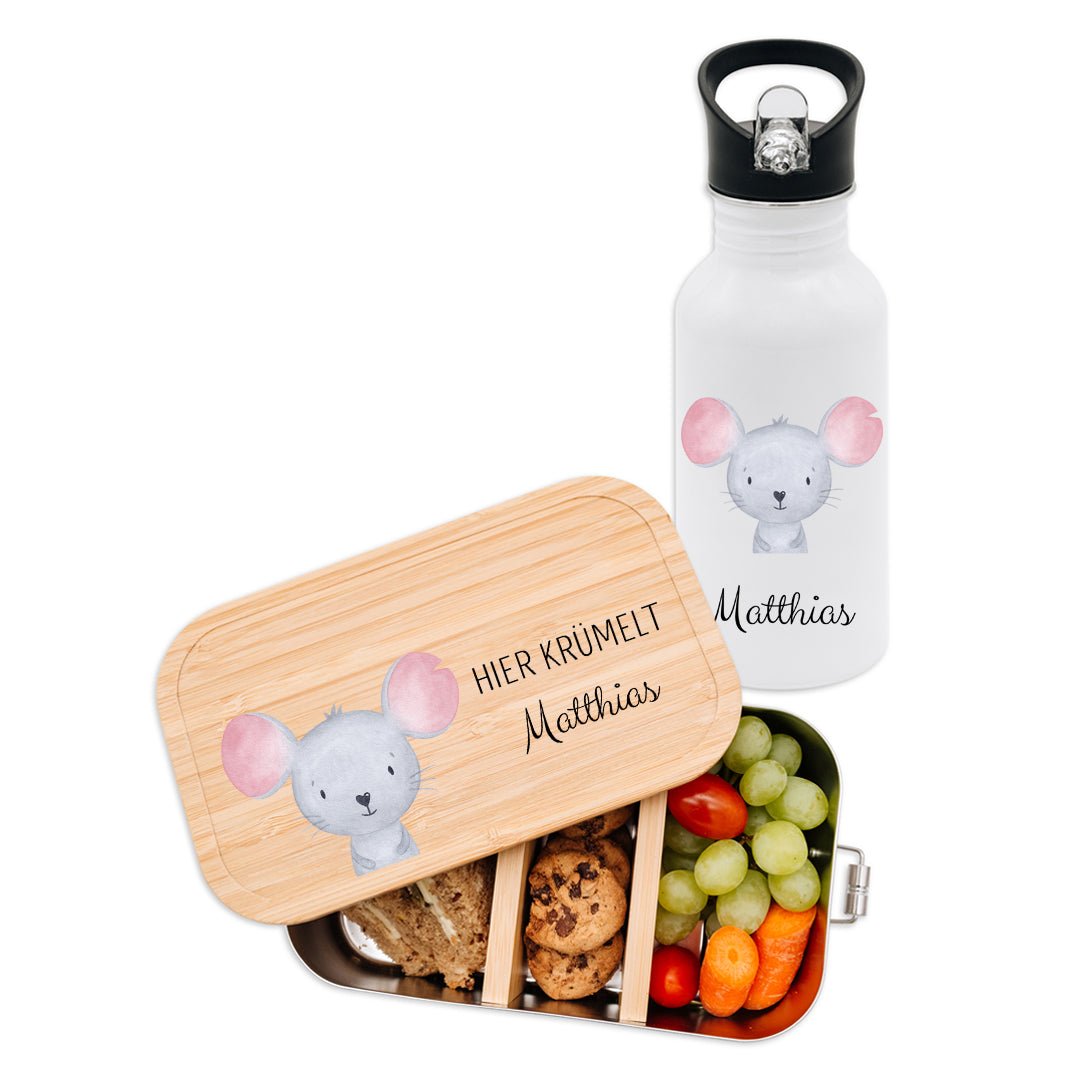 Kita-/ Schul-Start Bundle - Brotdose + Kinder Trinkflasche weiß personalisiert - Tier Aquarell - wunderwunsch