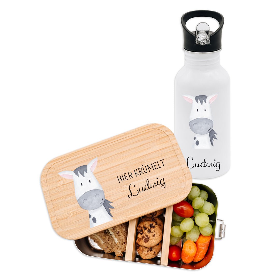 Kita-/ Schul-Start Bundle - Brotdose + Kinder Trinkflasche weiß personalisiert - Tier Aquarell - wunderwunsch