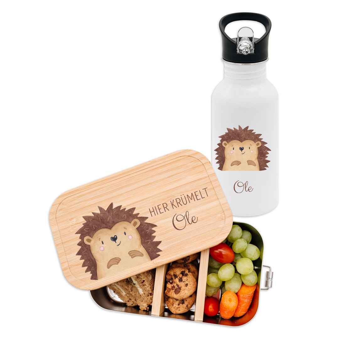 Kita-/ Schul-Start Bundle - Brotdose + Kinder Trinkflasche weiß personalisiert - Tier Aquarell - wunderwunsch