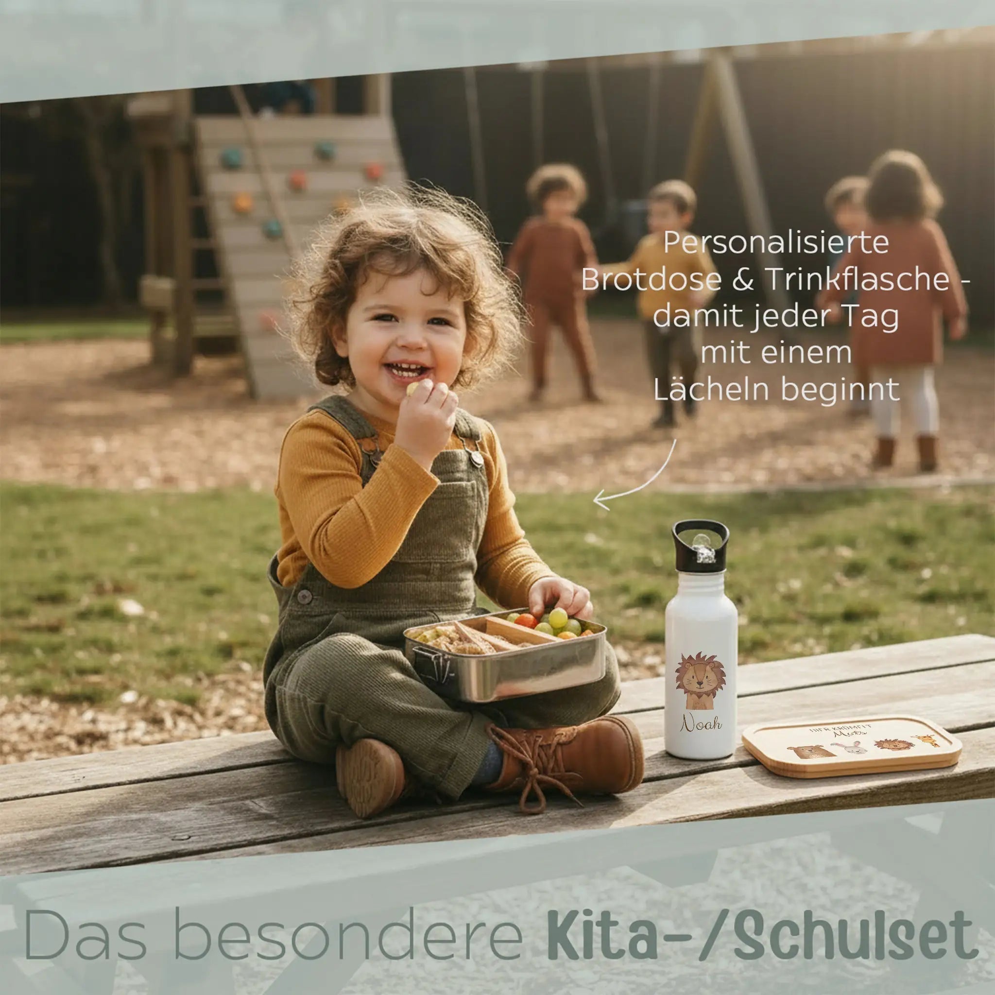 Kita - / Schul - Start Bundle - Brotdose + Kinder Trinkflasche weiß personalisiert - Tiere unten Aquarell - wunderwunsch