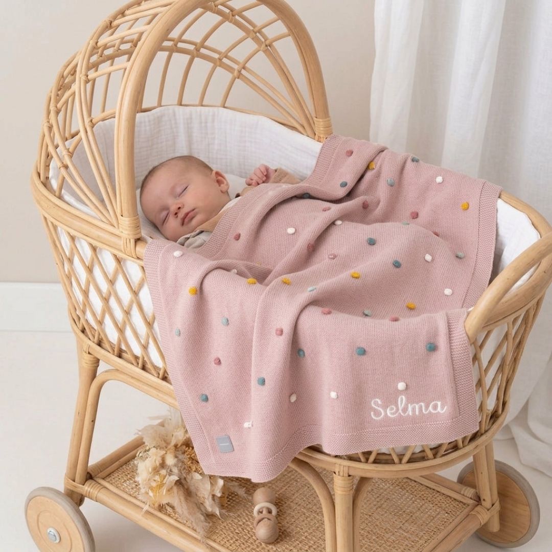 LÄSSIG Baby Strickdecke rosa mit bunten Punkten personalisiert - wunderwunsch