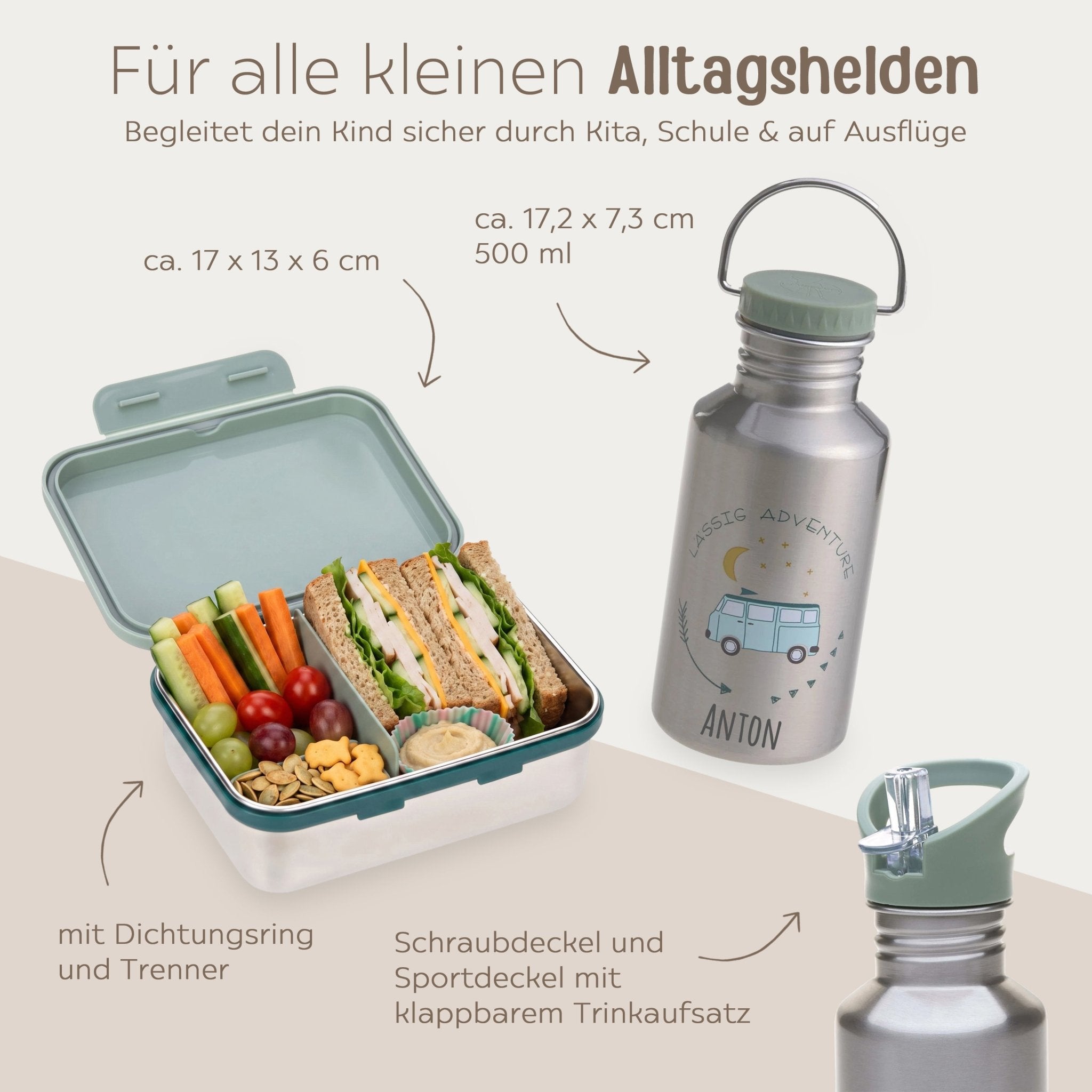 LÄSSIG Lunch-Set - Brotdose & Trinkflasche - Bus grün - wunderwunsch