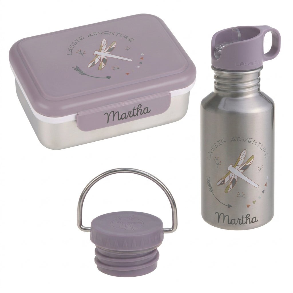 LÄSSIG Lunch-Set - Brotdose & Trinkflasche - Libelle lila - wunderwunsch