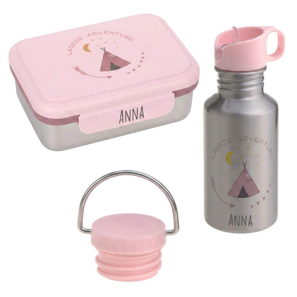 LÄSSIG Lunch-Set - Brotdose & Trinkflasche - Tipi rosa - wunderwunsch
