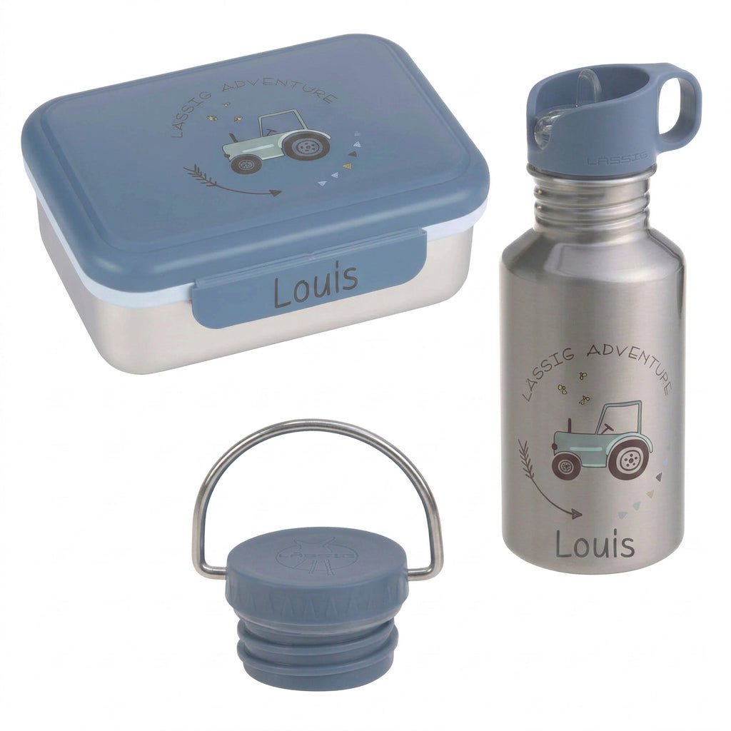 LÄSSIG Lunch-Set - Brotdose & Trinkflasche - Traktor blau - wunderwunsch