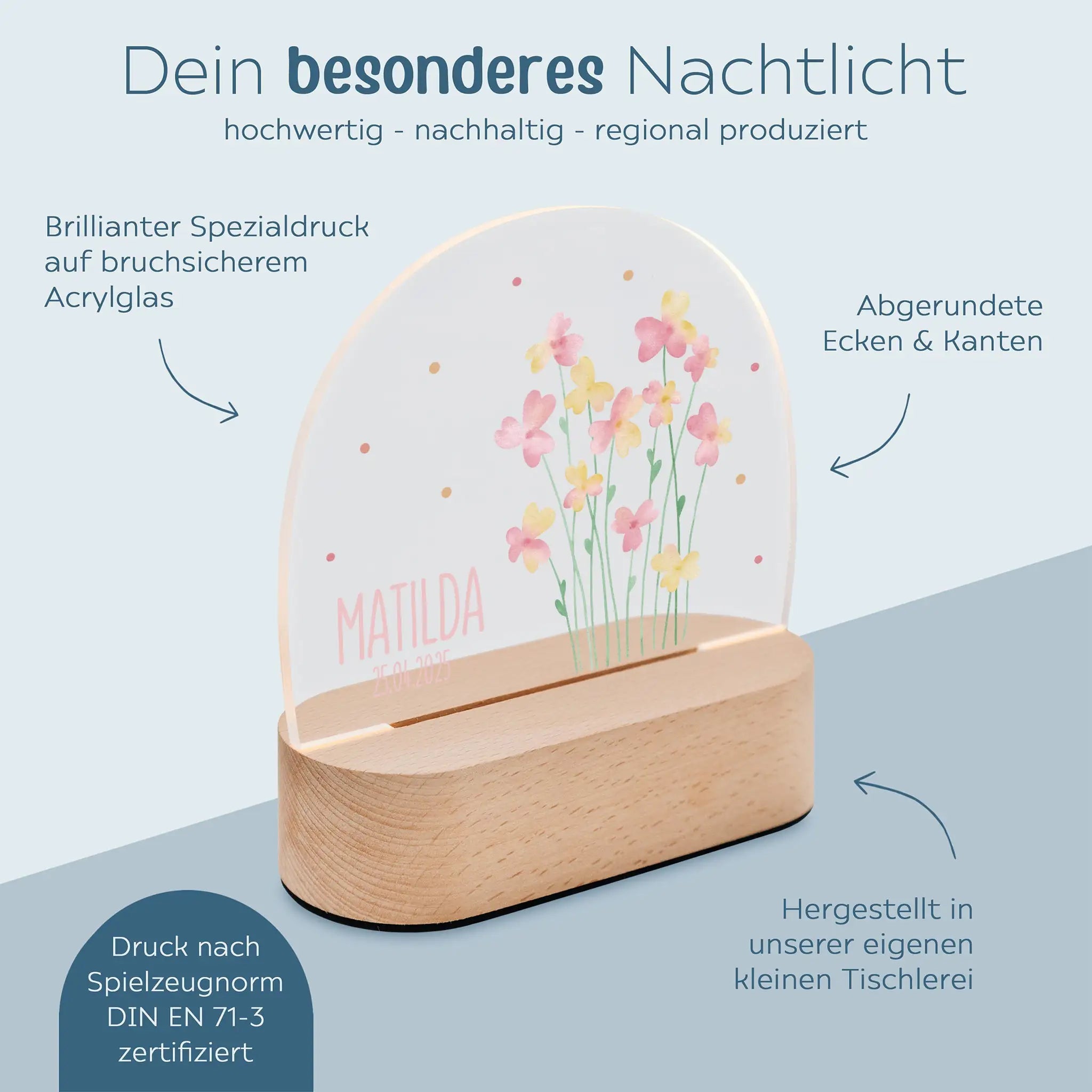 LED Nachtlicht Kinder personalisiert - Blumen rosa Aquarell - wunderwunsch